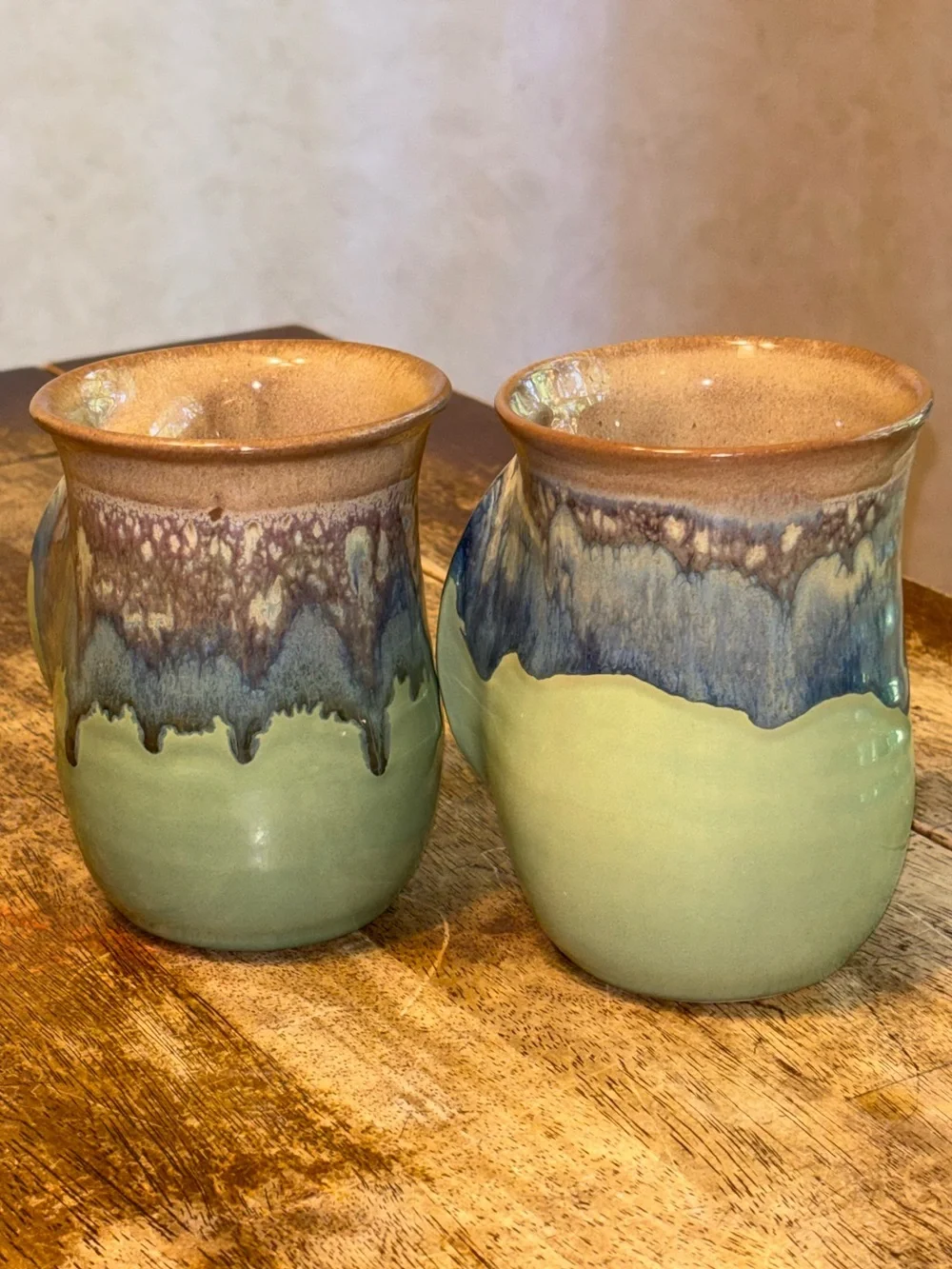 2013 & 2017 Neher Clay in Motion Mossy Creek Pottery Hand Warmer Mugs - Set of 2